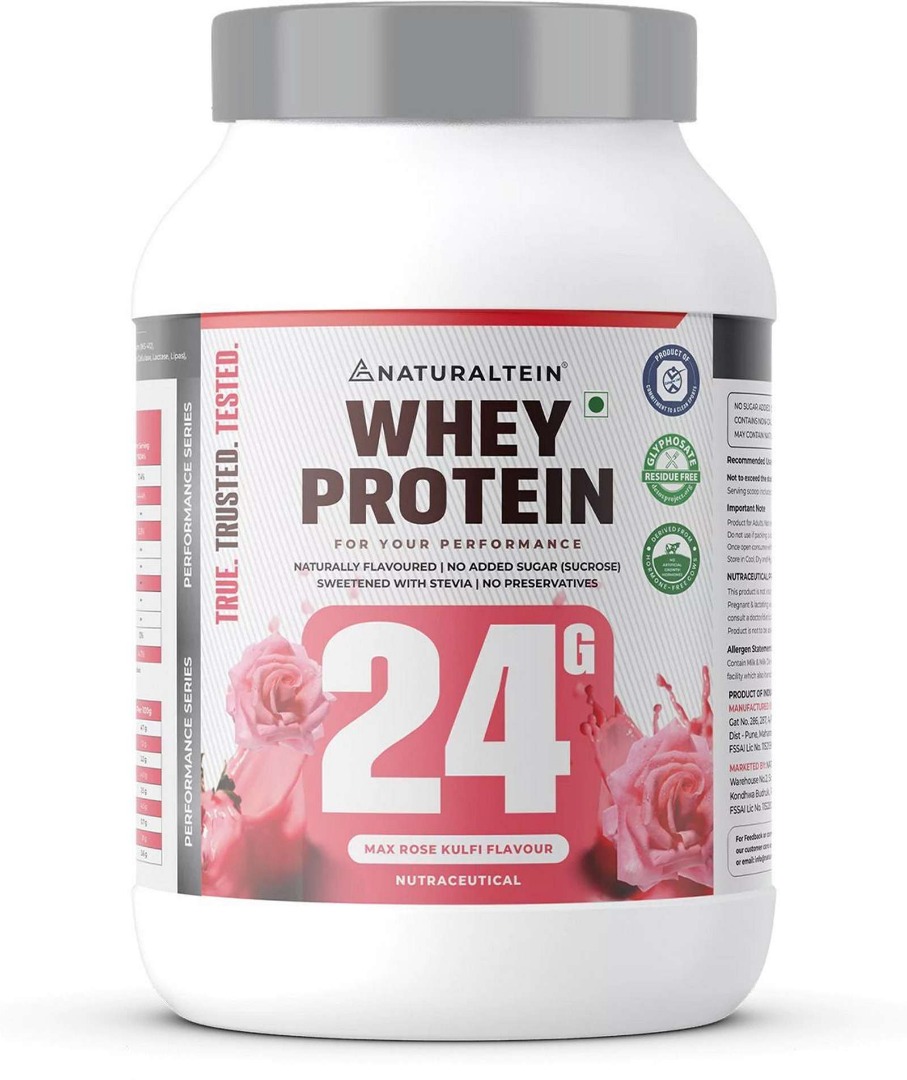 NATURALTEIN Whey Protein Max | 24g Protein | Stevia | Gluten & Soy Free | Rose Kulfi