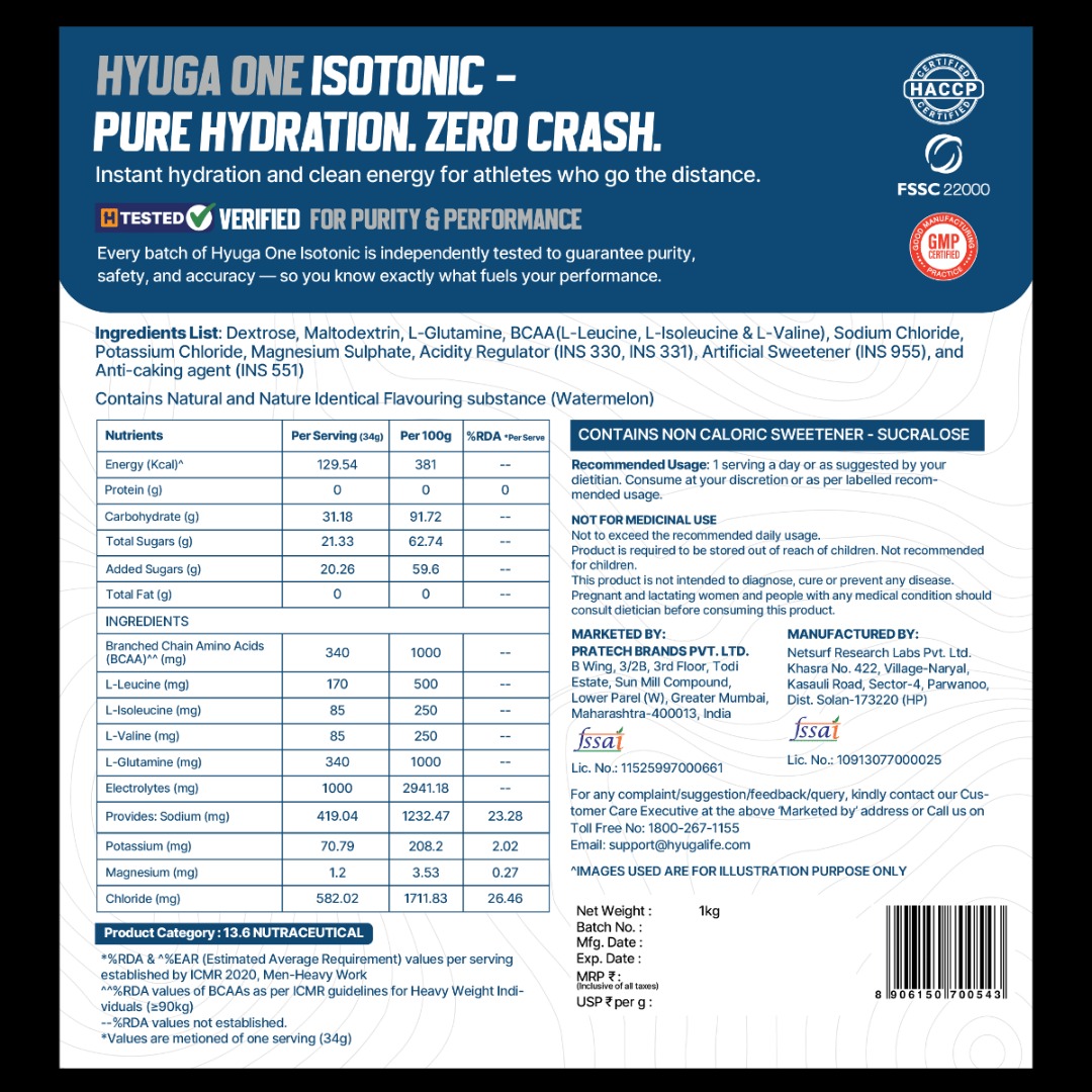 Hyuga One Isotonic Powder ,Fresh Watermelon,1kg, 29 Servings