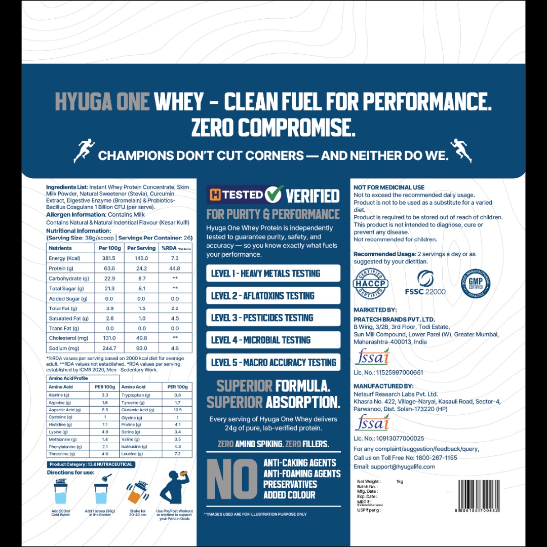 Hyuga One Whey Protein with 24g Protein for Lean Muscle – Kesar Kulfi