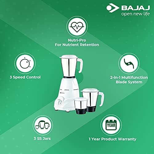 Bajaj Rex 500W Mixer Grinder with Nutri-Pro Feature, 3 Jars