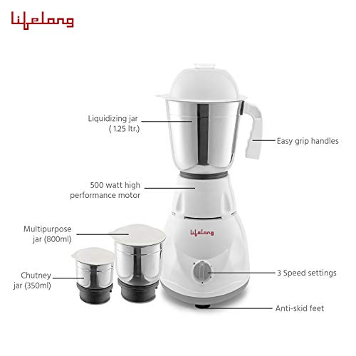 Lifelong Power Pro 500-Watt Mixer Grinder with 3 Jars | 1 Year Warranty