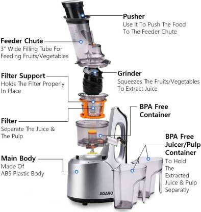 AGARO Imperial 240-Watt Slow Juicer with Cold Press Technology, Grey