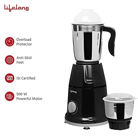 Lifelong LLMG93 500 Watt Duos Mixer Grinder, 2 Stainless Steel Jar, Black
