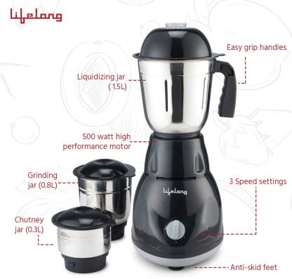Lifelong LLMG23 Power Pro 500-Watt Mixer Grinder with 3 Jars, Black