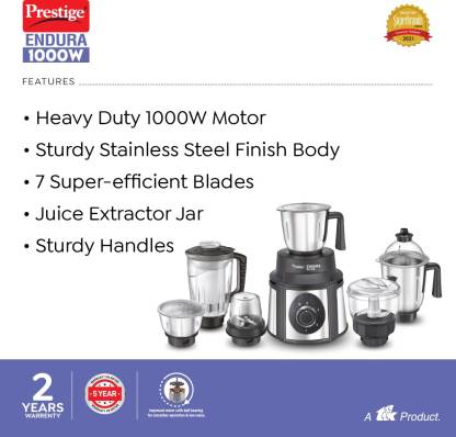Prestige Endura 1000W 6 Jars Mixer Grinder, Black & Silver