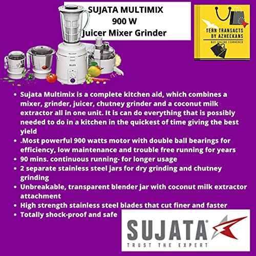 Sujata Dynamix, Mixer Grinder, 900 Watts, 3 Jars (White)