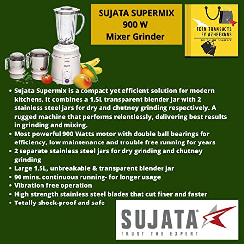 Sujata Supermix 900 Watts, 3 Jars Mixer Grinder, White