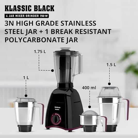 Havells Klassic 750 Watt Mixer Grinder with 4 jars