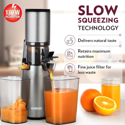 Borosil Smart Juice Cold Press Slow Juicer, 130W Portable Slow Juicer