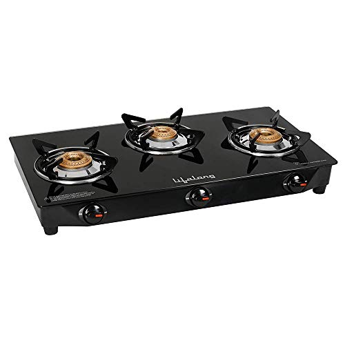 Lifelong LLGS18 Glass Top 3 Burner Gas Stove, Manual Ignition, Black (ISI Certified)