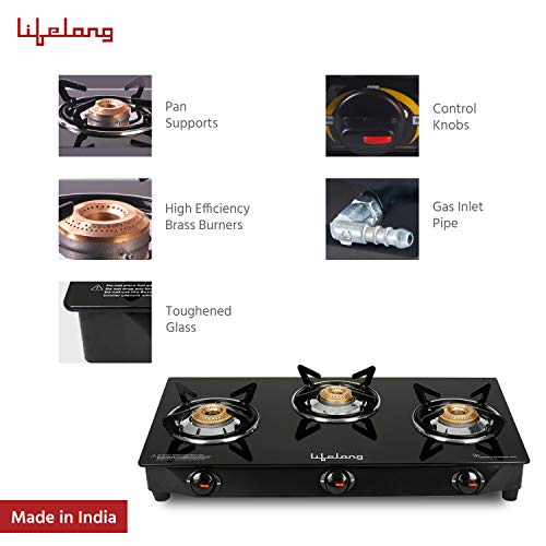 Lifelong LLGS18 Glass Top 3 Burner Gas Stove, Manual Ignition, Black (ISI Certified)
