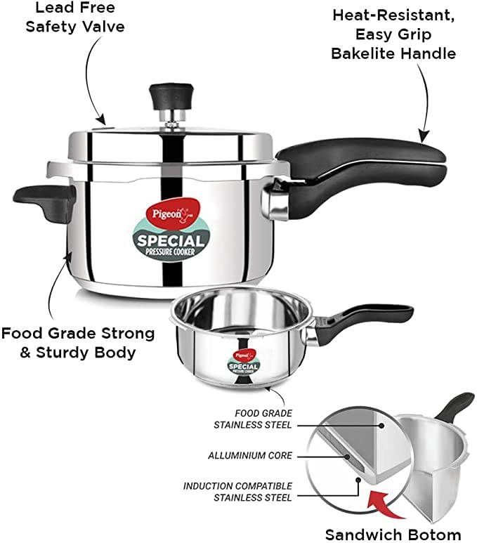 Pigeon by Stovekraft Stainless Steel Pressure Cooker Combo, Induction Base (Set of 3)