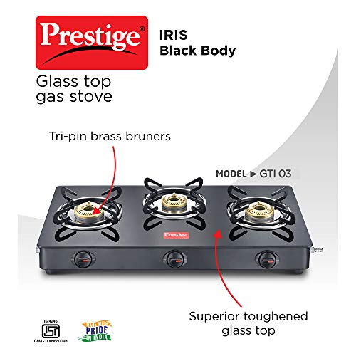 Prestige IRIS LPG Gas Stove, 3 Burner, Black, Glass, Manual