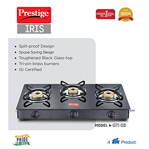Prestige IRIS LPG Gas Stove, 3 Burner, Black, Glass, Manual
