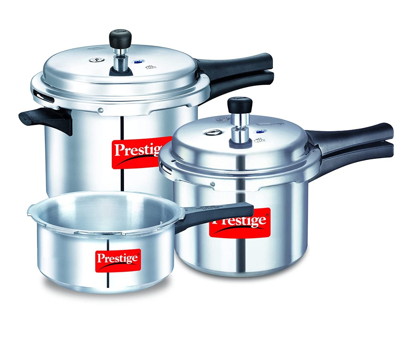Prestige Popular Max 5 + 3 + 2 Litre Aluminium Outer Lid Pressure Cooker Combo Pack, 2 Lids, Silver, Large