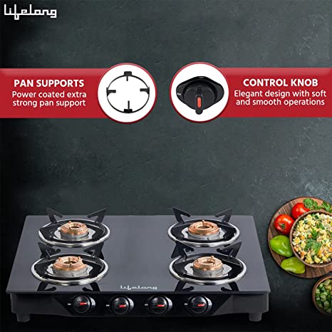 Lifelong Glass Top 4 Burner Gas Stove, Black