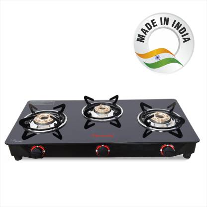Butterfly Rapid 3B Auto Ignition LPG Glass Top Stove 3 Burners, Black