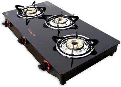 Butterfly Rapid 3B Auto Ignition LPG Glass Top Stove 3 Burners, Black