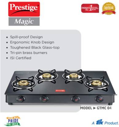 Prestige Magic 4 Burner Gas Stove- GTMC, 04 L, Black