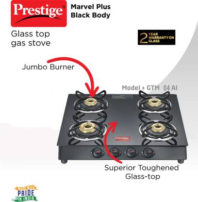 Prestige Marvel Plus 4 Burner Glass Top GTM 04 Gas Stove, Black