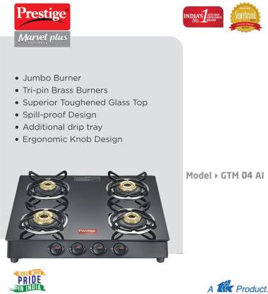 Prestige Marvel Plus 4 Burner Glass Top GTM 04 Gas Stove, Black