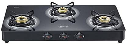 Prestige Royale Plus Schott Glass 3 Burner Gas Stove Manual Ignition, Black