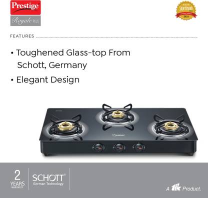 Prestige Royale Plus Schott Glass 3 Burner Gas Stove Manual Ignition, Black