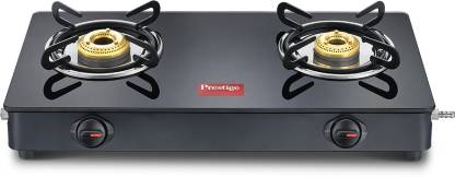 Prestige Magic Glass Top 2 Burner Gas Stove Manual Ignition | Black