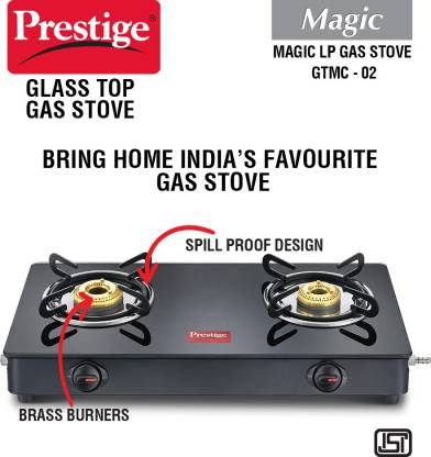 Prestige Magic Glass Top 2 Burner Gas Stove Manual Ignition | Black