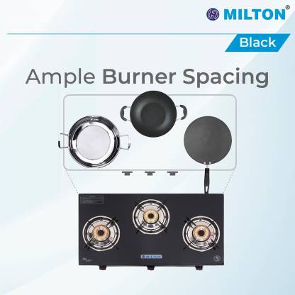 MILTON Premium 3 Burner Manual Ignition LPG Glass Top Gas Stove