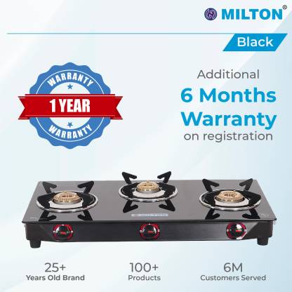 MILTON Premium Red Manual Ignition 3 Burner LPG Glass Top Gas Stove