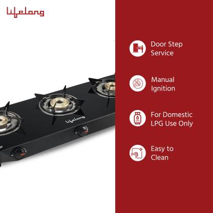 Lifelong LLGS930 Manual Ignition | High Efficiency 3 Burner Gas Stove with Toughened Glass Top