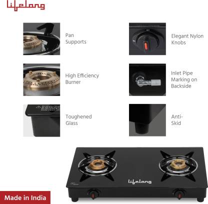 Lifelong LLGS912 Automatic Ignition 2 Burner Gas Stove with 6mm Toughened Glass Top, Black