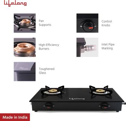 Lifelong LLGS10 Glass Top 2 Burner Manual Glass Gas Stove, Black