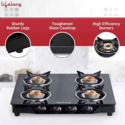 Lifelong LLGS30 Manual Ignition High Efficiency 4 Burner Gas Stove with Toughened Glass Top