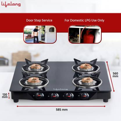 Lifelong LLGS30 Manual Ignition High Efficiency 4 Burner Gas Stove with Toughened Glass Top