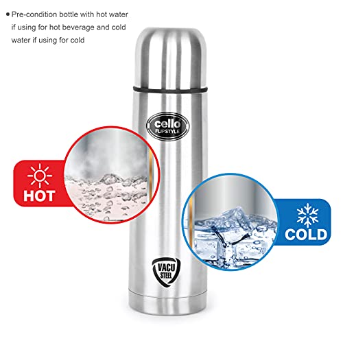 Cello Flip Style Stainless Steel Bottle with Thermal Jacket (1000ml | Silver)