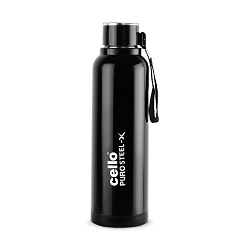 Cello Puro Steel-X Benz Stainless Steel Water Bottle with Inner Steel and Outer Plastic | 900 ml (Black)