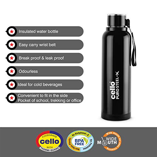Cello Puro Steel-X Benz Stainless Steel Water Bottle with Inner Steel and Outer Plastic | 900 ml (Black)