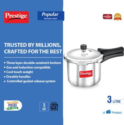Prestige Popular Stainless Steel Outer Lid Pressure Cooker, 3ltrs