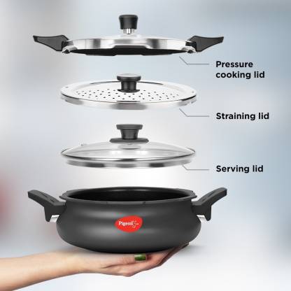 Pigeon by Stovekraft Super Cooker 620-H Aluminium Hard Anodised Outer Lid Pressure Cooker | 3 Litre | Black