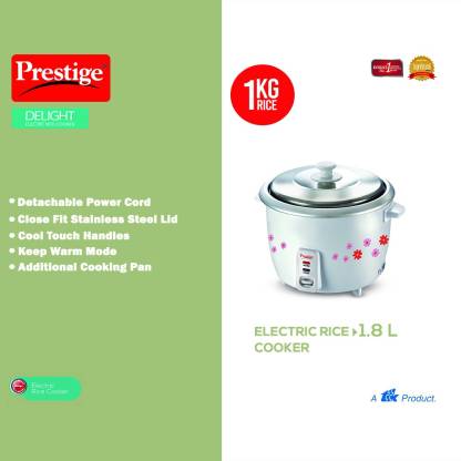 Prestige PRWO 18-2 700-Watts Delight Electric Rice Cooker with 2 Aluminium Cooking Pans, 18L, White