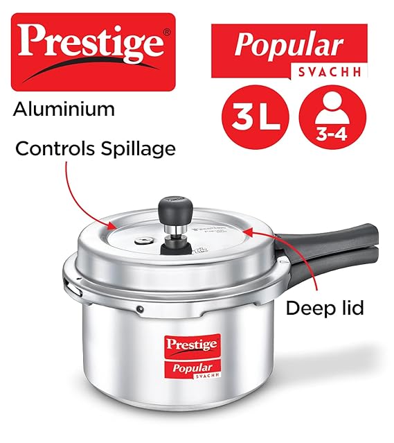 Prestige Popular 3 L Svachh Virgin Aluminium Spillage Control Outer Lid Pressure Cooker