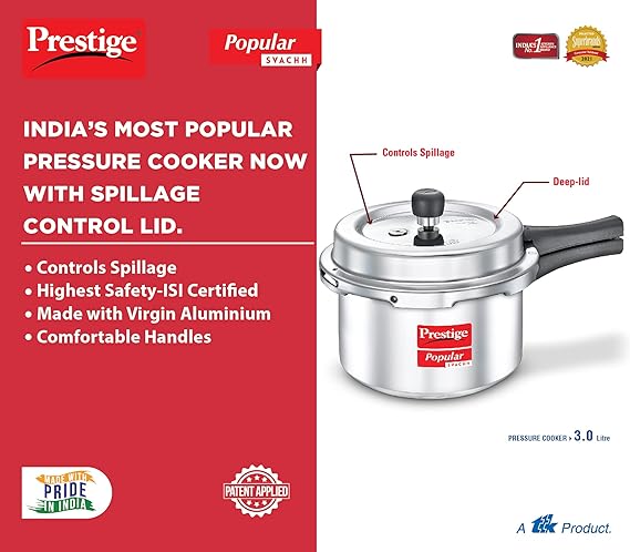 Prestige Popular 3 L Svachh Virgin Aluminium Spillage Control Outer Lid Pressure Cooker