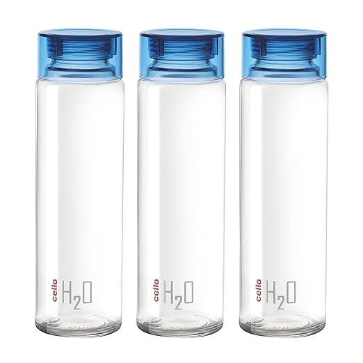 Cello H2O Toughened Glass Fridge Water Bottle with Plastic Cap | Set of 3