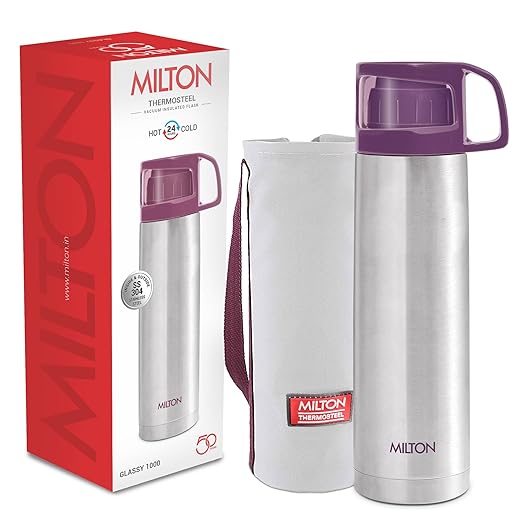 Milton Glassy 1000 Thermosteel 24 Hours Hot and Cold Water Bottle with Drinking Cup Lid