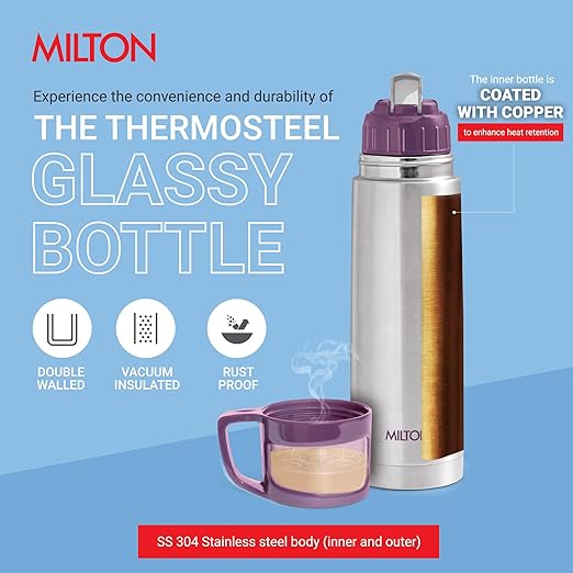 Milton Glassy 1000 Thermosteel 24 Hours Hot and Cold Water Bottle with Drinking Cup Lid