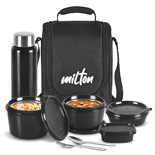 Milton Pro Lunch Tiffin (3 Microwave Safe Inner Steel Containers | 180ml | 320ml | 450 ml | 1 Plastic Chutney Dabba | 100 ml | 1 Aqua Steel Bottle | 750 ml | Steel Spoon and Fork)