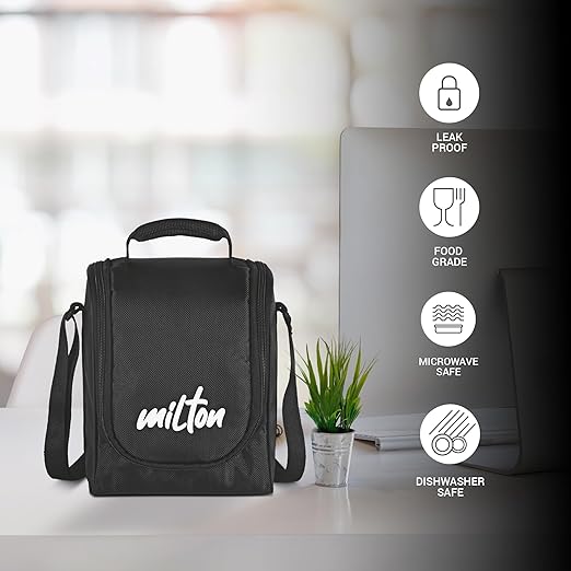 Milton Pro Lunch Tiffin (3 Microwave Safe Inner Steel Containers | 180ml | 320ml | 450 ml | 1 Plastic Chutney Dabba | 100 ml | 1 Aqua Steel Bottle | 750 ml | Steel Spoon and Fork)