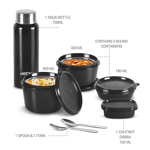 Milton Pro Lunch Tiffin (3 Microwave Safe Inner Steel Containers | 180ml | 320ml | 450 ml | 1 Plastic Chutney Dabba | 100 ml | 1 Aqua Steel Bottle | 750 ml | Steel Spoon and Fork)